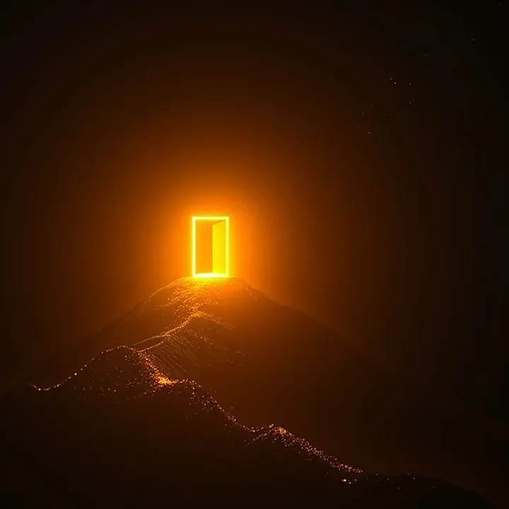 A glowing doorway at the summit of a dark mountain