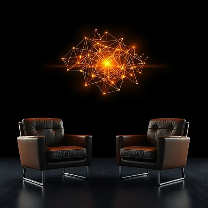 Two chairs facing a glowing framework diagram
